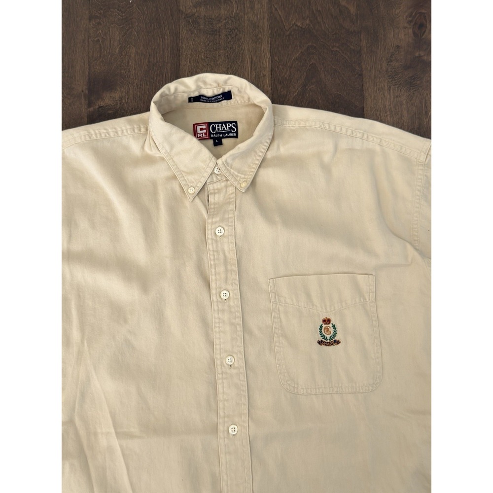 Vtg Chaps Ralph Lauren Mens Size L Button Down Beige Shirt Crown Logo Short Slv
